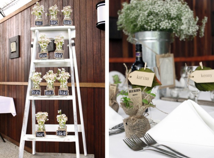 Wedding table seating plan and herb favours 