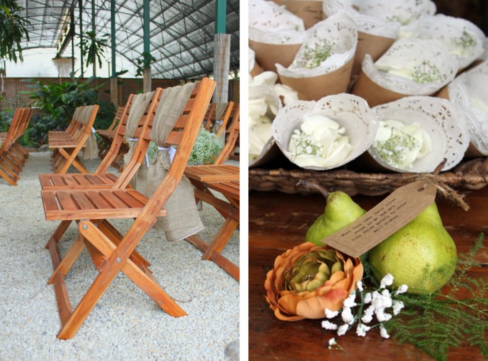 ceremony timber chair and rose petals